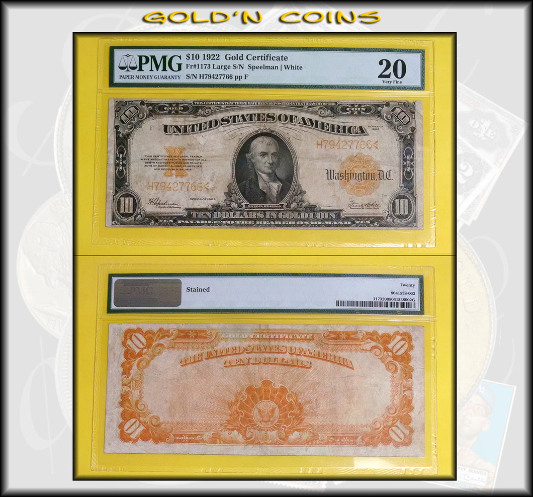 $10 1922 Gold Certificate PMG 20 Very Fine