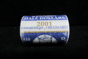 2001-D KENNEDY HALF DOLLARS - TWENTY IN ORIGINAL U.S. MINT WRAPPED ROLL