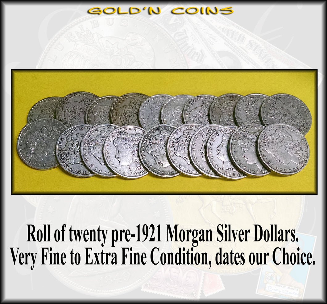 Roll of 20 Pre-1921 Morgan Silver Dollars Very Fine to Extra Fine